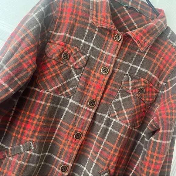 Woolrich Womens Brown Orange Plaid Button Down Shirt Jacket Shaket Size Large - Picture 2 of 6